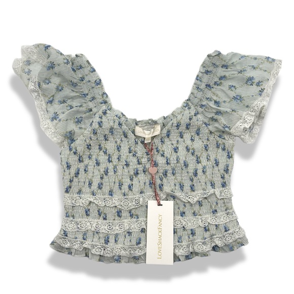 LOVESHACKFANCY Beaming Smocked Printed Cotton Top XS - Picture 5 of 6